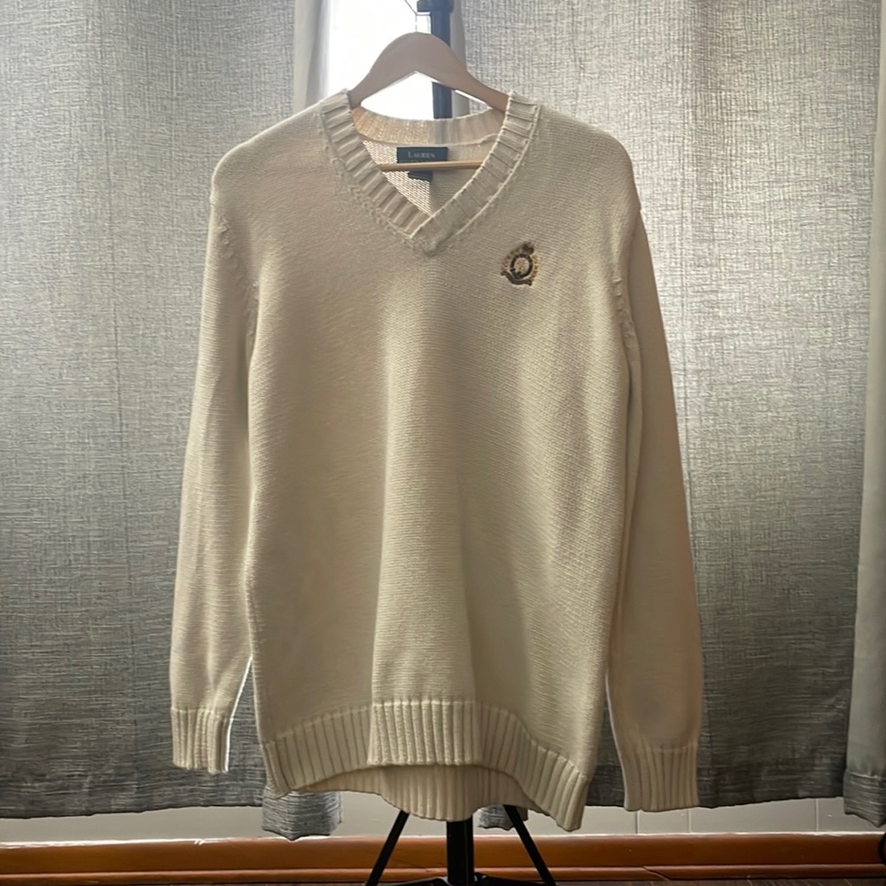 Lauren Ralph Lauren - Green Label V-Neck White Knit Sweater Men’s Large Vintage